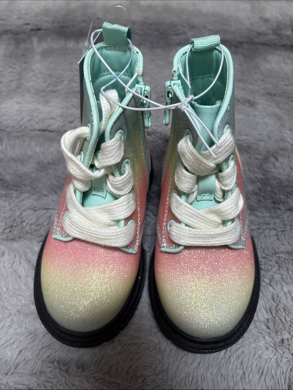 Cat & Jack Girls Glitter Ombre Lace-Up Boots in Mint and Pink